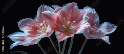 A cluster of pink Tulipa gesneriana flowers resting on a wooden table with a simple, yet elegant presentation. The vibrant pink petals stand out against the neutral background, creating a lovely photo