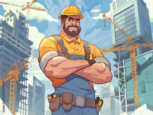 Happy handsome man builder in builder's clothes on the background of construction, cartoon style vector