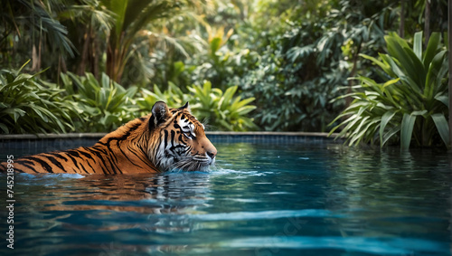 Majestatyczny Tygrys Odpoczywający w Wodzie #745218995