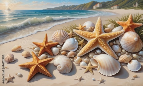 Seashells and Starfish Painting by the Shore 