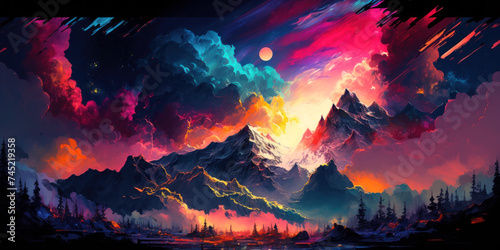 Vibrant dreamscape with this stunning digital art featuring majestic mountains