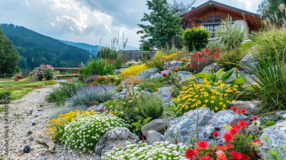 Colorful garden with many flowers during spring time