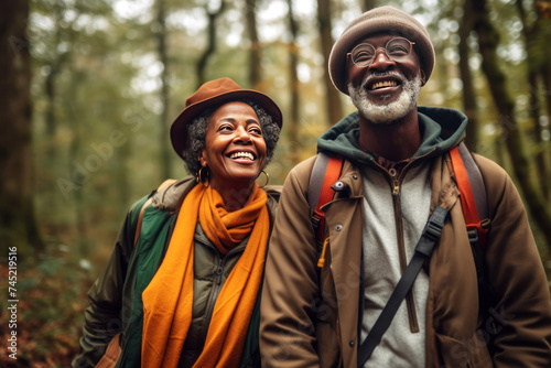 Joyful senior couple enjoying a serene walk in the autumn woods  showcasing a timeless bond and adventurous spirit