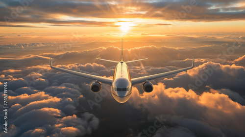 Commercial airplane flying above clouds. Passengers airplane flying in sunset light.