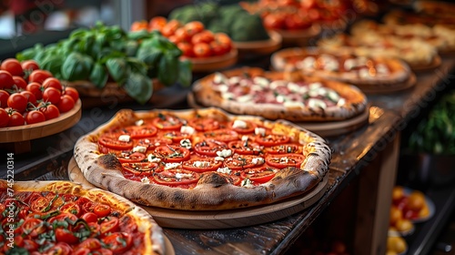 Variety of pizzas displayed as finger food on table
