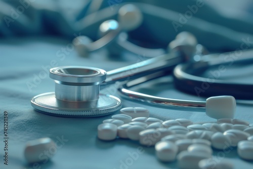 Detailed view of a stethoscope and scattered white pills on a surgical cloth, symbolizing medical examination and treatment.