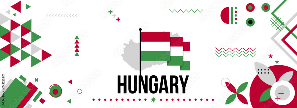 Obraz premium Hungary national or independence day banner for country celebration. Hungarian Flag and map with Modern retro design with typorgaphy abstract geometric icons. Vector illustration.