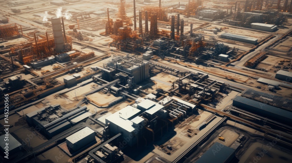 Generative AI A bird's eye view of a sprawling industrial complex with factories, warehouses, and bustling activity.