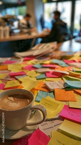 Innovative brainstorming session vibrant post it notes coffee fueling creativity dynamic team synergy