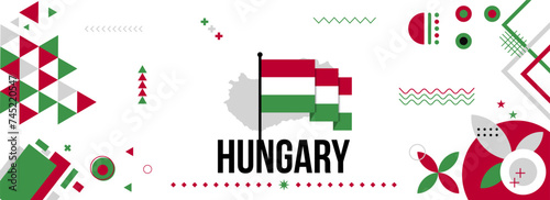 Hungary national or independence day banner for country celebration. Hungarian Flag and map with  Modern retro design with typorgaphy abstract geometric icons. Vector illustration.