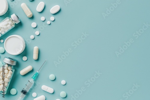 Organized layout of various medication forms and a syringe on a clean, light blue background, representing healthcare and treatment.