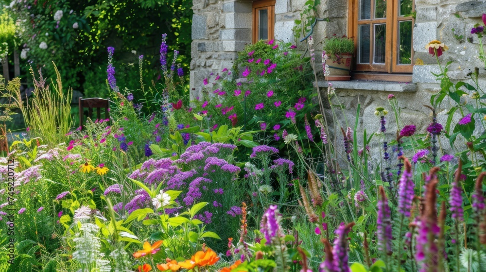 Cottage garden summer scene, flower beds with typical cottage garden flower, photography 