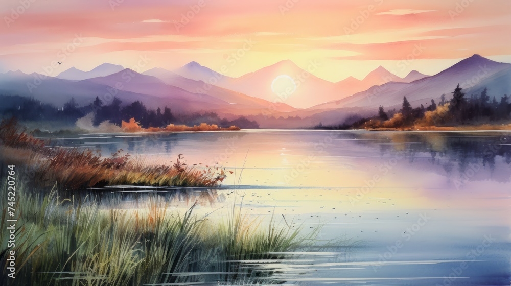 Generative AI A breathtaking sunset over a calm lake with mountains in the background. landscape watercolor