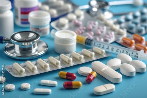 An extensive array of medications including capsules, tablets, and a stethoscope, displayed on a blue surface, highlighting healthcare themes.