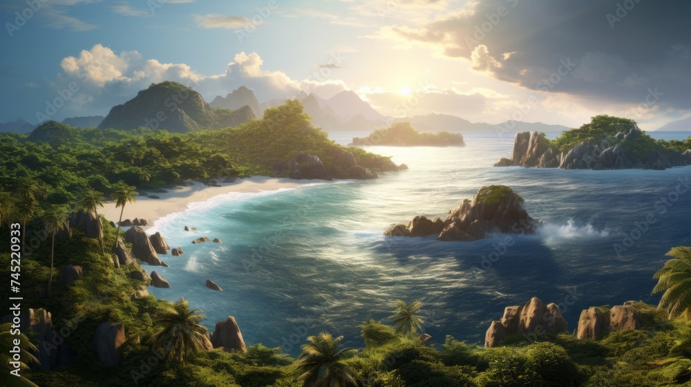Generative AI A breathtaking vista of palm-covered islands illuminated by the setting sun's rays, casting long shadows across the sandy beaches and crystal-clear waters