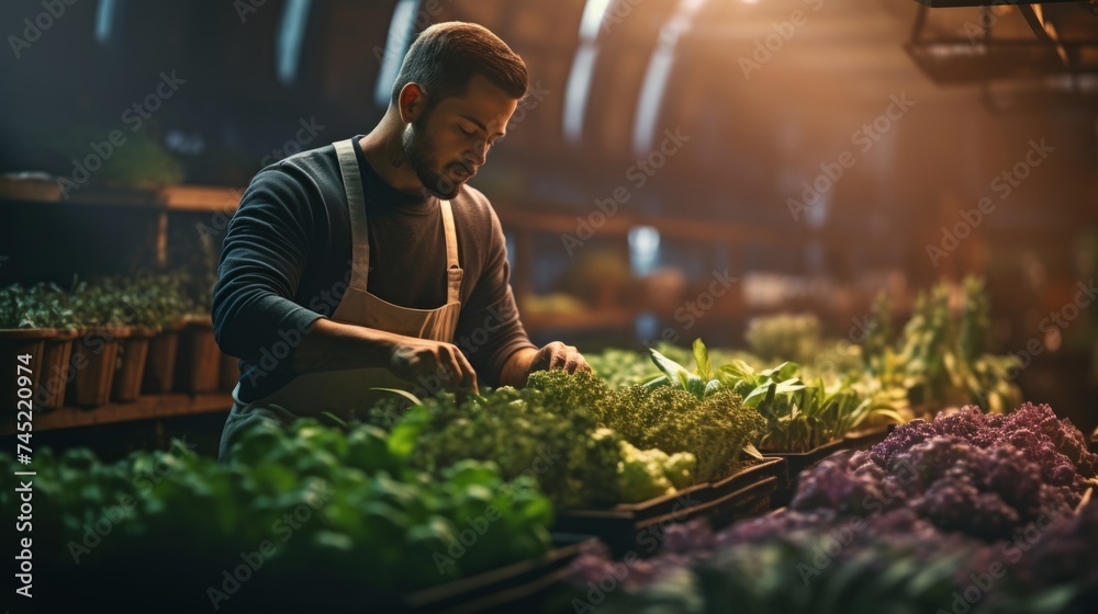 Generative AI A chef sourcing freshly harvested microgreens from a nearby farm for culinary creations.