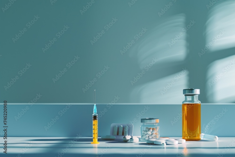 Medical arrangement featuring a syringe, an orange liquid medication bottle, and white pills on a clean, light blue background.