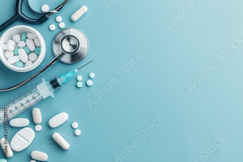 Healthcare and medical concept displaying a stethoscope, syringe, and assorted pills on a soft blue background, symbolizing medical care.