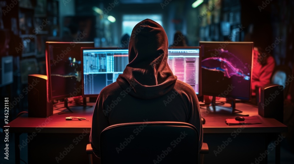 Obraz premium A hacker with hood working on a computer at a desk