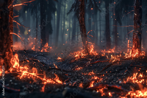Burning forest, trees ablaze in the night, nature's fiery fury