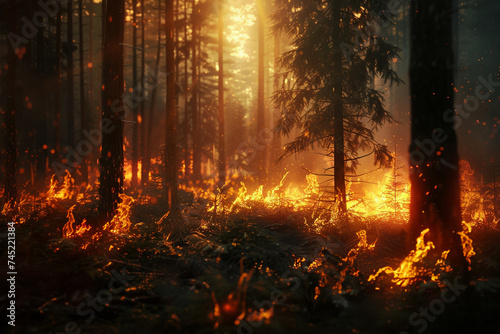 Wildfire danger, burning forest under the night sky, nature's crisis