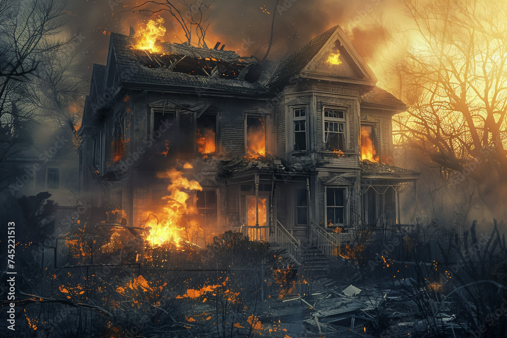 Obraz premium Burning building, flames consuming the structure, fire hazard, emergency evacuation.