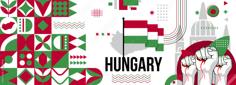 Naklejka premium Hungary national or independence day banner for country celebration. Flag and map of Hungarian with raised fists. Modern retro design with typorgaphy abstract geometric icons. Vector illustration 