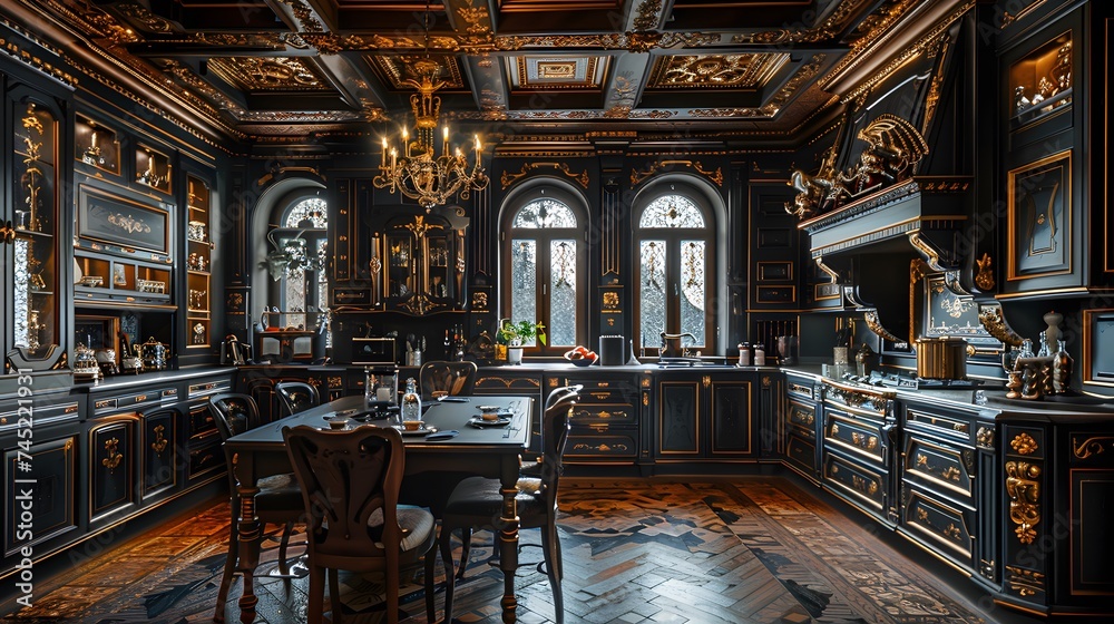 black kitchen design in Art Nouveau style 
