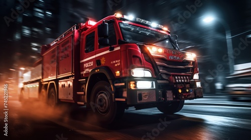 Fire fighting truck driving on road fast moment emergency case