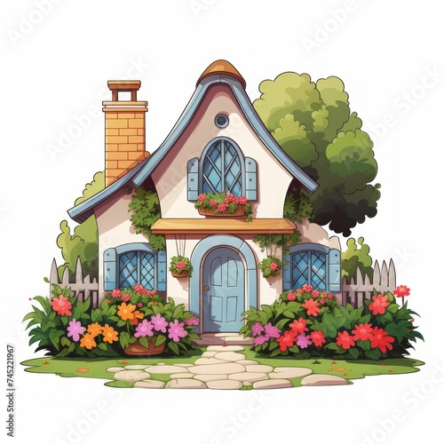 Generative AI A delightful miniature house with vibrant shutters and a well-kept garden path.