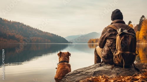 A man sits next to a dog looking at the beautiful lake