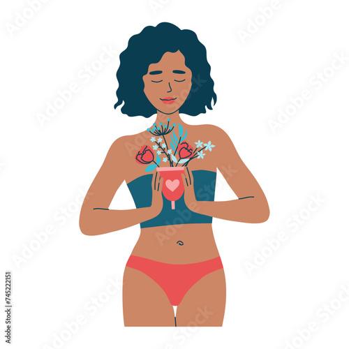 Woman in comfortable underwear holds a menstrual cup with  flowers. Eco friendly, zero waste care feminine hygiene product for menstruation periods and critical days. Isolated vector illustration