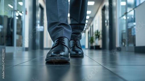 Close-up image focusing on a businessman's black office shoe as he is walking through the corridor of a Swedish office setting.