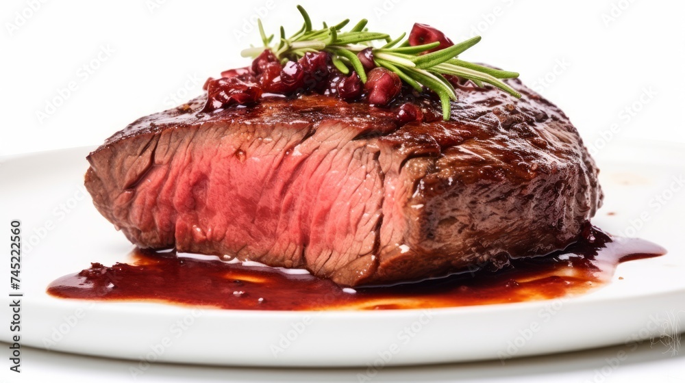 A juicy venison steak showcased in a close-up realistic photo against a white background Generative AI