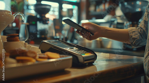 Closeup of a customer using a smartphone or mobile phone to pay at a POS. Small business digitalization and financial services concept. 