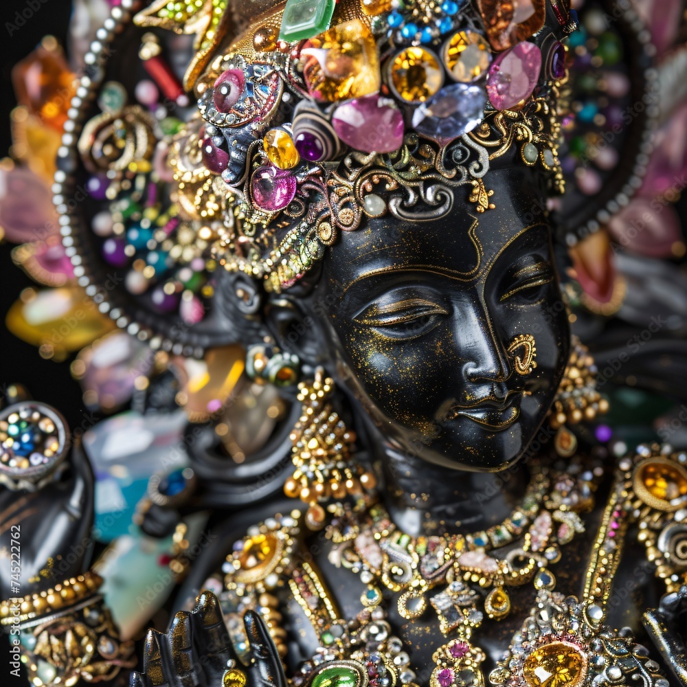 Fototapeta premium Jeweled Kali statue adorned with colorful gemstones each reflecting an aspect of her complex symbolism radiant in divine splendor