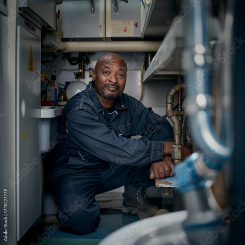 Honest hard working black man, plumber at work. 