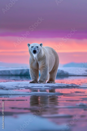 A majestic polar bear stands on an ice floe at dusk