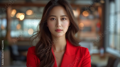 asian beautiful business woman or fashion woman in red suit