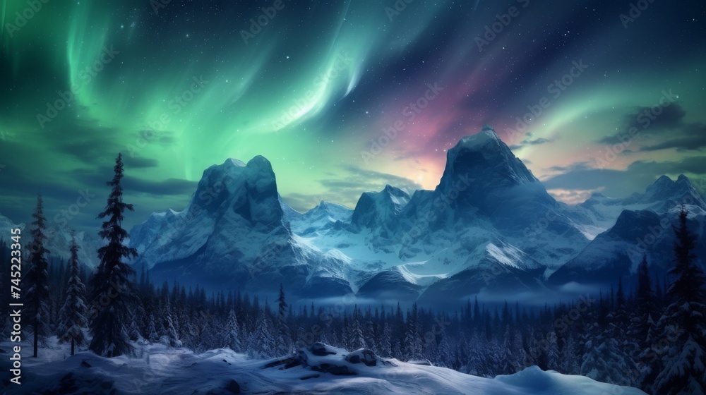 Amazing view of northern lights over snowy mountains and trees in sky