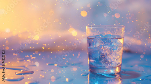 Glass of cold water with ice cubes on bokeh background.