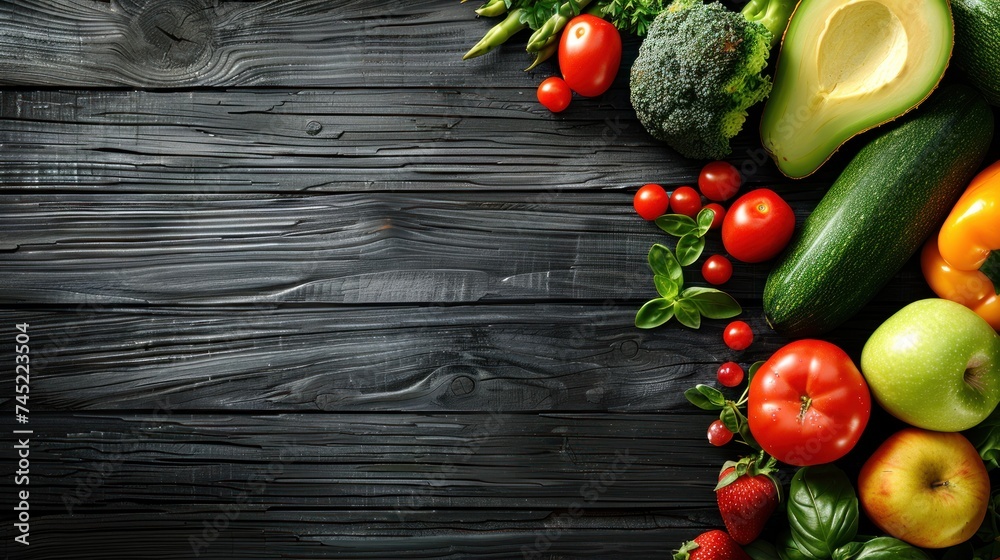 Healthy food. Vegetables and fruits. On a black wooden background. Top view. Copy space. Healthy food. Vegetables and fruits. On a black wooden background. Top view. Copy space.