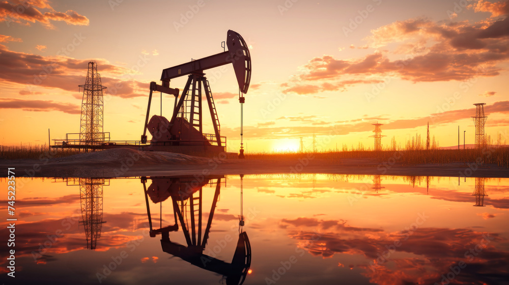 Oil field, oil pumps work in the evening. Oil pump and beautiful sunset reflected in the water, silhouette of a beam pumping plant in the evening.