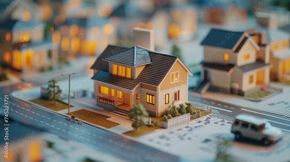 Architectural model of house on blueprint drawing.