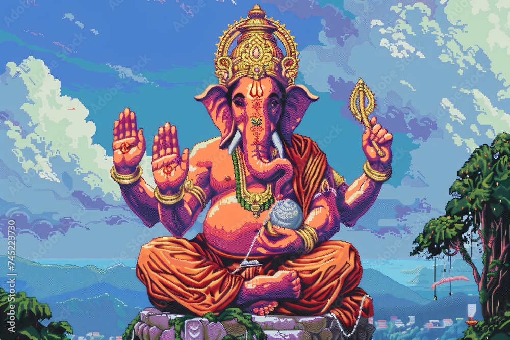 Pixel art Ganesha a nostalgic rendition with a digital twist bringing the revered figure to life through vibrant 8 bit graphics