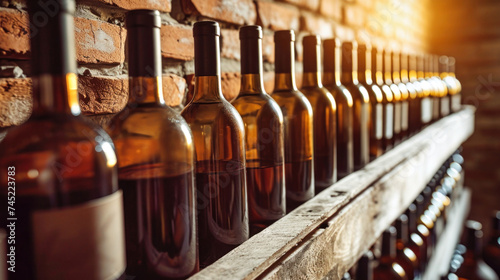 Row of Wine Bottles Displayed on Cellar Shelf photo