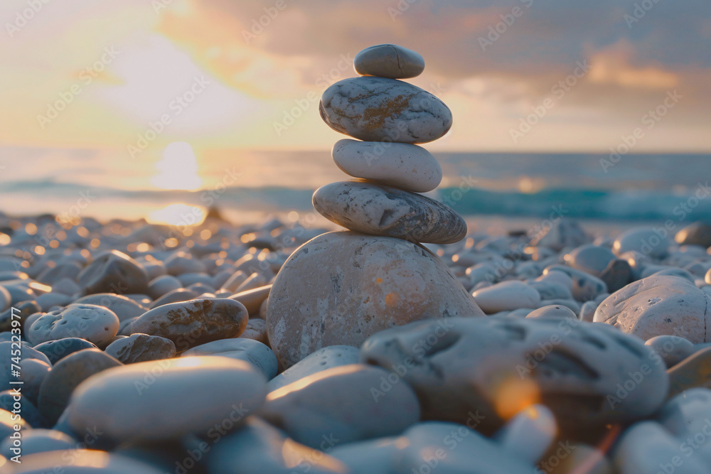 Stones balanced on a rocky beach during sunrise