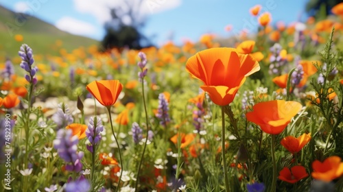 Generative AI A panoramic view of a field filled with California poppies and lupines  a sight of colorful spring wildflowers.