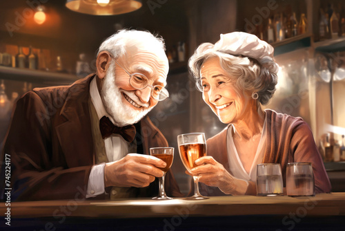 Painting of Older Couple Holding Wine Glasses