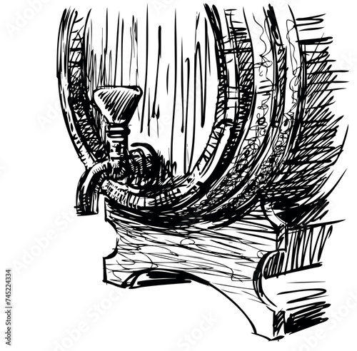 Hand drawing of fragment old wooden wine barrel, vector doodle sketch isolated on white